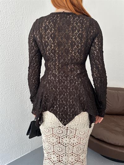 Düğmeli Peplum Dantel Hırka Koyu kahve