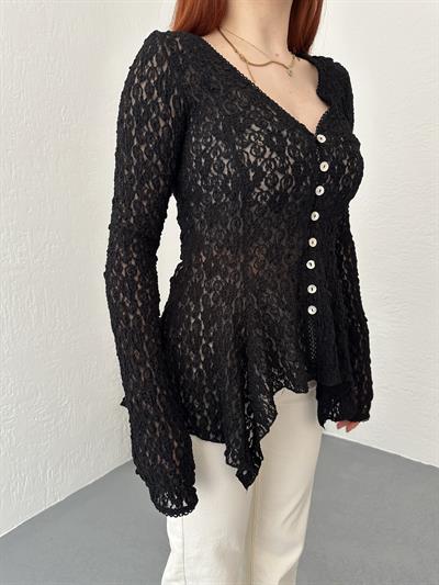 Düğmeli Peplum Dantel Hırka Siyah