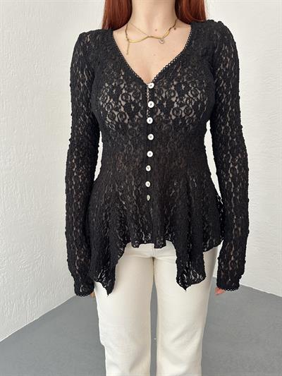 Düğmeli Peplum Dantel Hırka Siyah