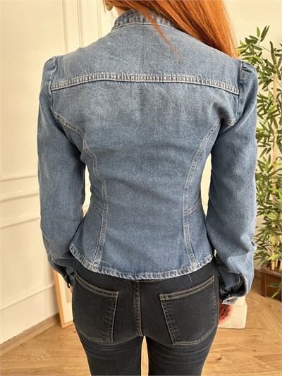 Düğmeli Peplum Jean Ceket Mavi