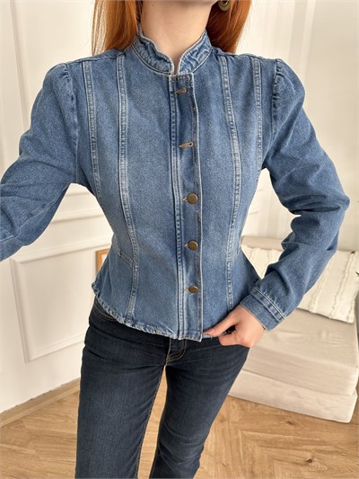 Düğmeli Peplum Jean Ceket Mavi