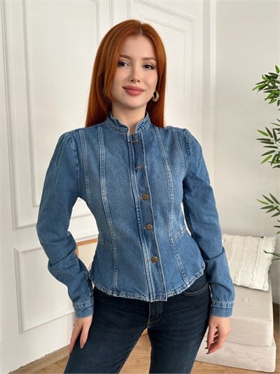 Düğmeli Peplum Jean Ceket Mavi