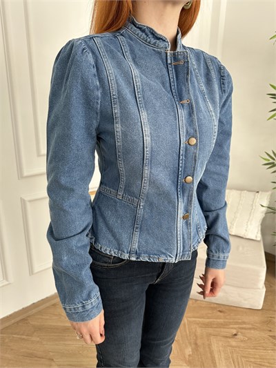 Düğmeli Peplum Jean Ceket Mavi