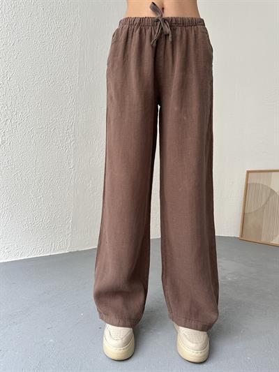 Düşük Bel Keten Pantolon Kahve