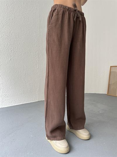 Düşük Bel Keten Pantolon Kahve