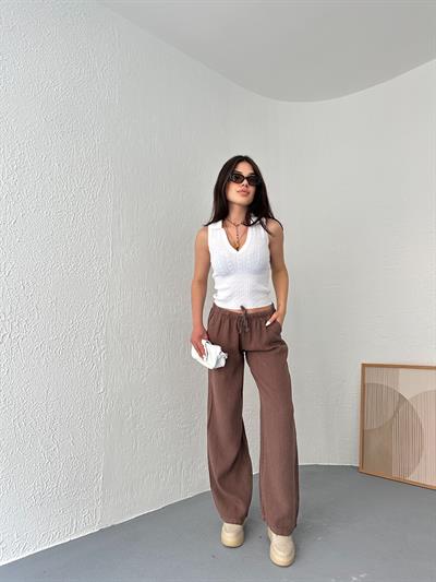 Düşük Bel Keten Pantolon Kahve