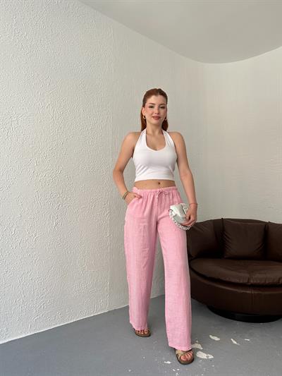 Düşük Bel Keten Pantolon Şeker pembe