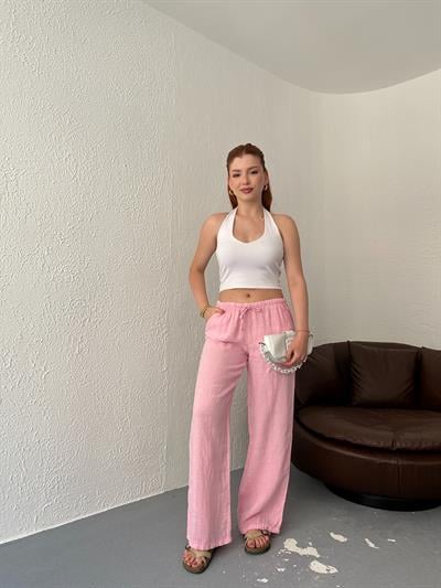 Düşük Bel Keten Pantolon Şeker pembe