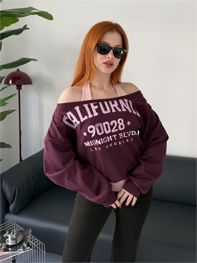 Düşük Omuz İiçi Atletli Sweatshırt Mürdüm