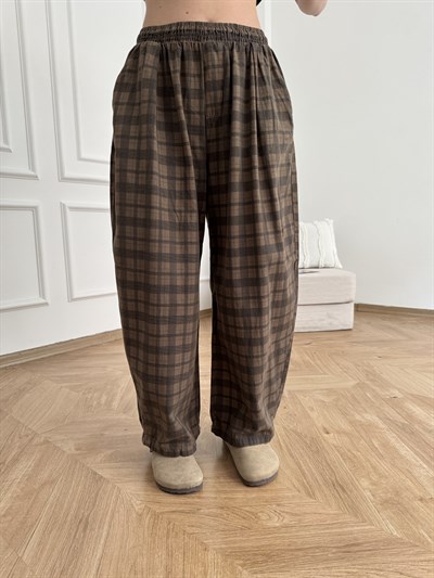 Ekose Desen Balon Pantolon Kahve