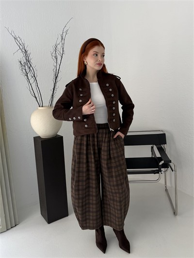 Ekose Desen Balon Pantolon Kahve