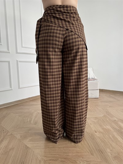 Ekose Desen Bol Paça Pantolon Kahve-camel