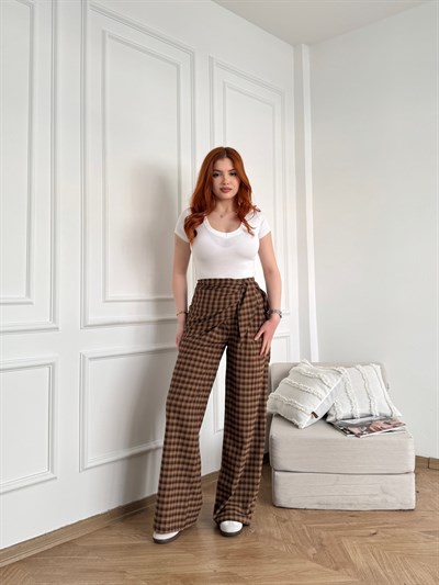 Ekose Desen Bol Paça Pantolon Kahve-camel