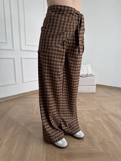 Ekose Desen Bol Paça Pantolon Kahve-camel