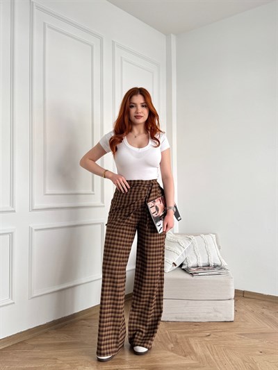 Ekose Desen Bol Paça Pantolon Kahve-camel