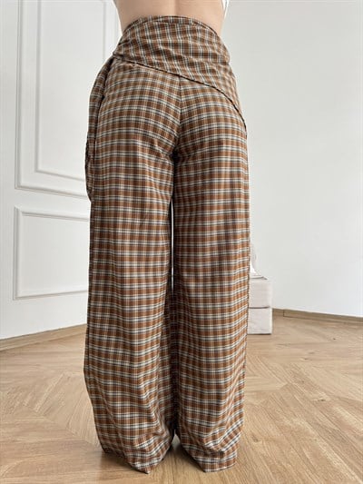 Ekose Desen Bol Paça Pantolon Kahve-gri