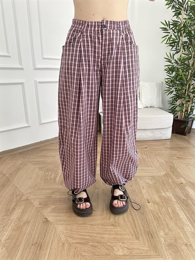 Ekose Desen Paçası Lastikli Pantolon Kahve-pembe