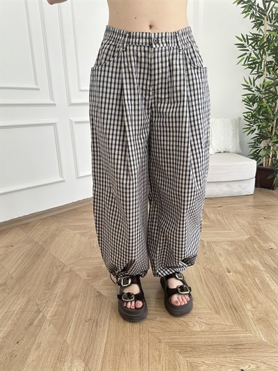 Ekose Desen Paçası Lastikli Pantolon Laci-bej