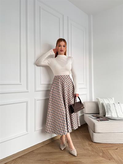 Ekose Desen Süet Etek Bej