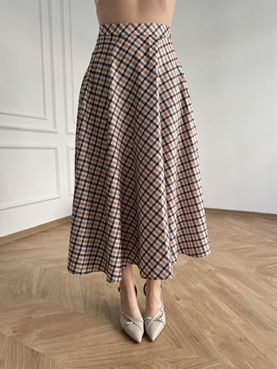 Ekose Desen Süet Etek Bej