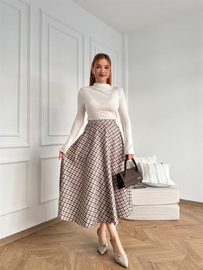 Ekose Desen Süet Etek Bej