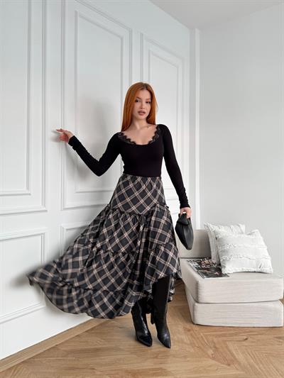 Ekose Desenli Asimetrik Etek Antrasit