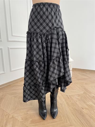 Ekose Desenli Asimetrik Etek Gri-siyah