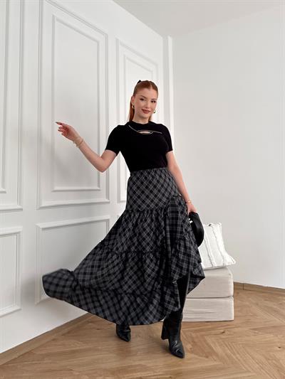 Ekose Desenli Asimetrik Etek Gri-siyah