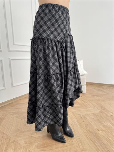 Ekose Desenli Asimetrik Etek Gri-siyah