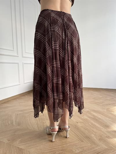 Ekose Desenli Asimetrik Etek Kahve