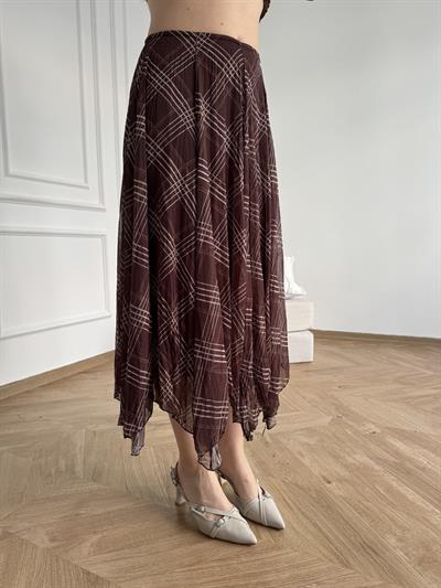 Ekose Desenli Asimetrik Etek Kahve