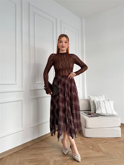 Ekose Desenli Asimetrik Etek Kahve