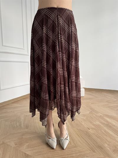 Ekose Desenli Asimetrik Etek Kahve