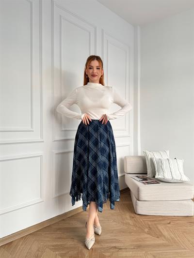 Ekose Desenli Asimetrik Etek Petrol