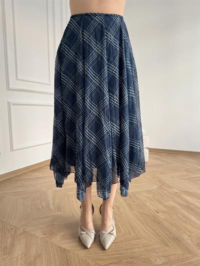 Ekose Desenli Asimetrik Etek Petrol