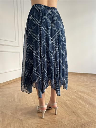 Ekose Desenli Asimetrik Etek Petrol