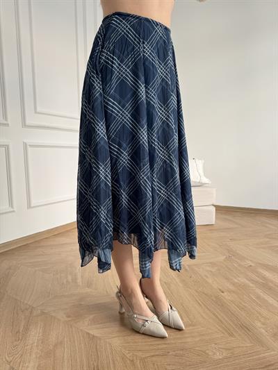 Ekose Desenli Asimetrik Etek Petrol