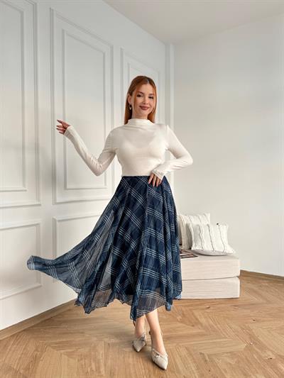 Ekose Desenli Asimetrik Etek Petrol