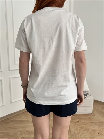 Elegant Şapka Nakışlı T-shirt Ekru