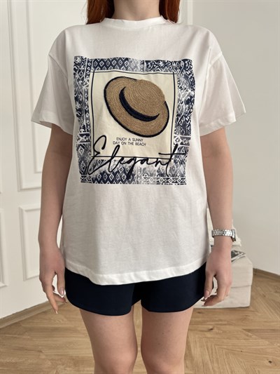 Elegant Şapka Nakışlı T-shirt Ekru