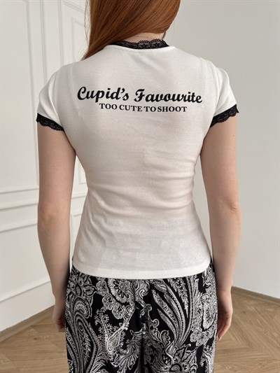 Eros Baskılı Dantel Detay T-shirt Ekru