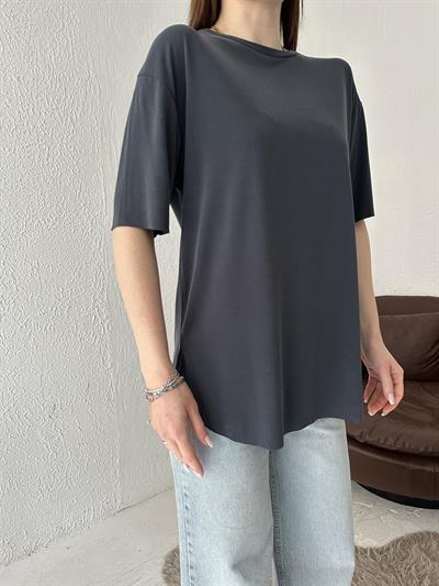 Eteği Oval Oversize Tişört Antrasit