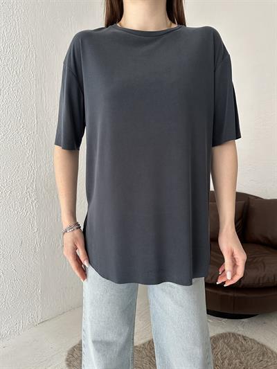 Eteği Oval Oversize Tişört Antrasit