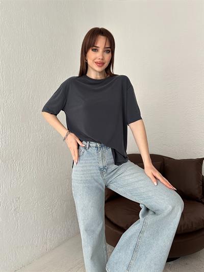 Eteği Oval Oversize Tişört Antrasit