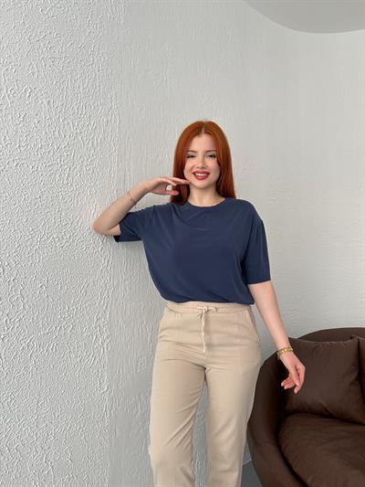 Eteği Oval Oversize Tişört Lacivert