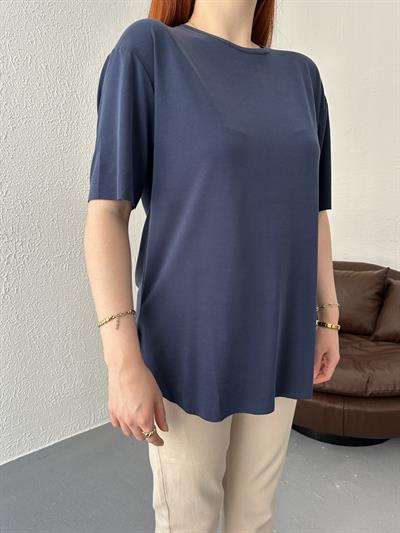 Eteği Oval Oversize Tişört Lacivert