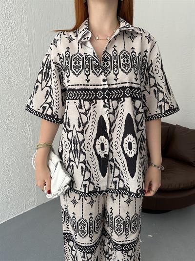Etnik Desen Kısa Kollu Gömlek Ekru