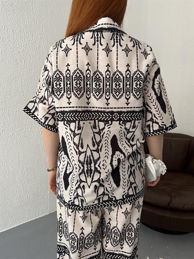 Etnik Desen Kısa Kollu Gömlek Ekru