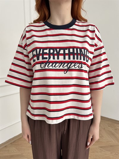 Evertthing Baskılı Çizgili T-shirt Ekru-kırmızı