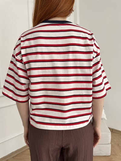 Evertthing Baskılı Çizgili T-shirt Ekru-kırmızı